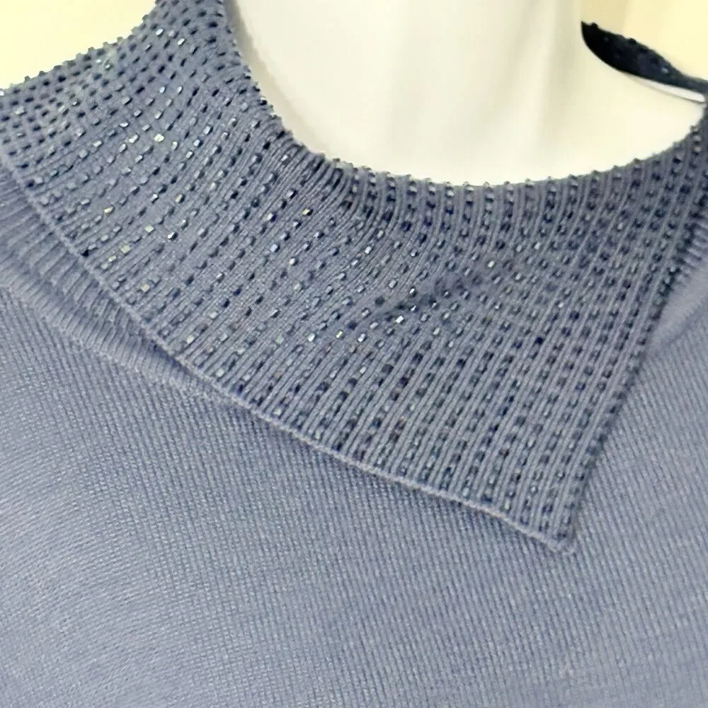 Adrianna Papell Blue Embellished Mock Neck Wool Pullover Sweater Size Medium
